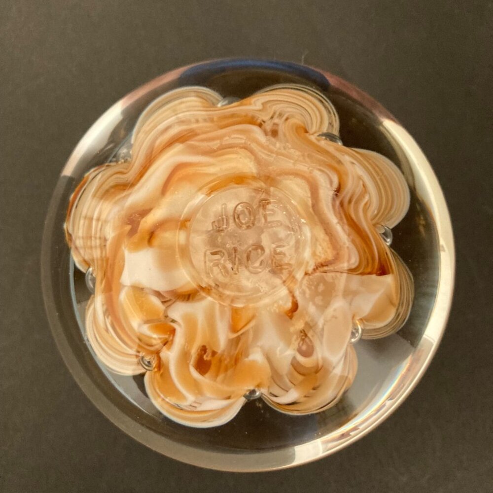 Joe Rice Art Glass Paperweight With Swirled Floral Gold Ribbon Design - Picture 5 of 10